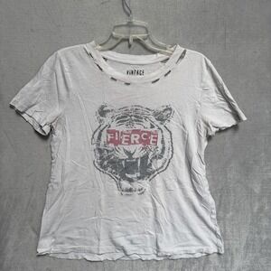Vintage Canvas Shirt Womens Small White Tiger FIERCE Graphic Distressed Tee Top